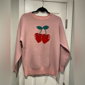 NWT Pink Rose Size S Crew Neck Plush Long Sleeve Knit Sweater Red Cherries